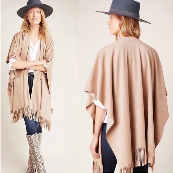 Anthropologie Anderson & Lauth Taupe Faux Suede Fringe Poncho Kimino- One Size - Picture 1 of 12